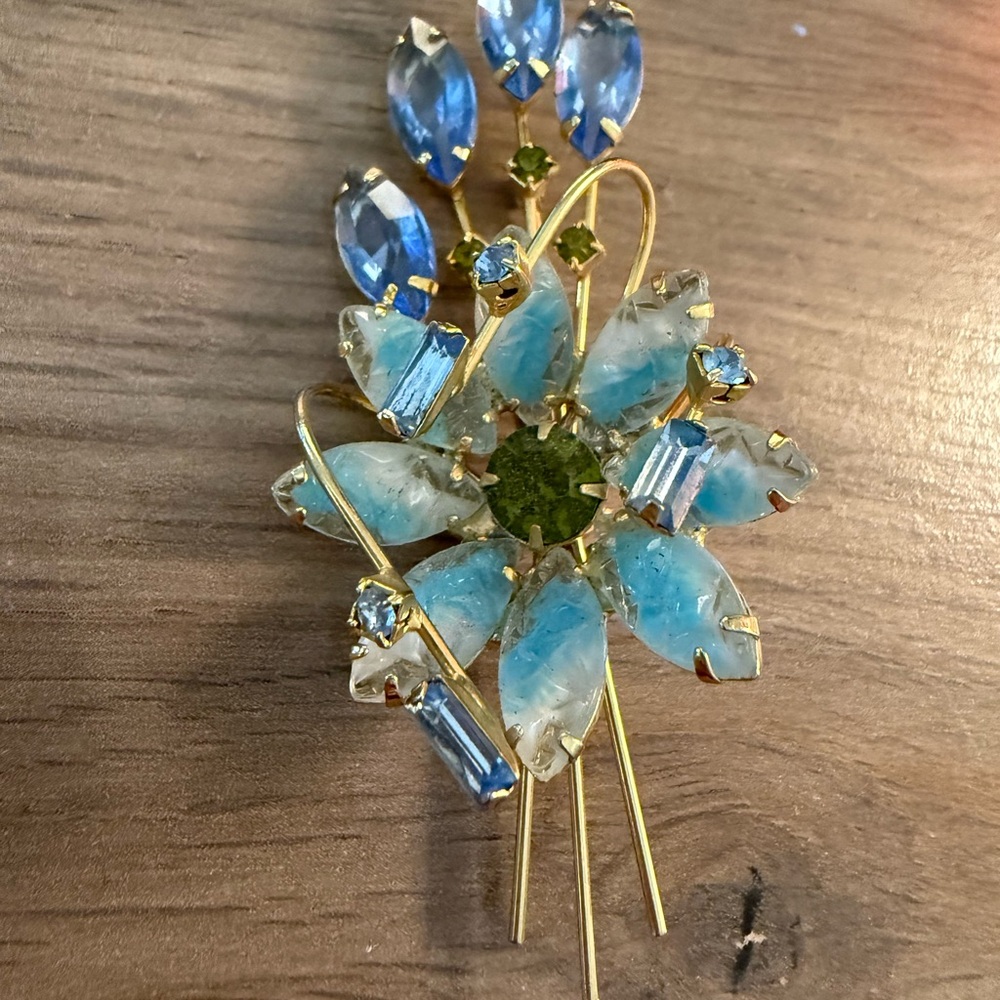 Estate D&E Juliana Blue Striped Molded Flower Brooch Vintage